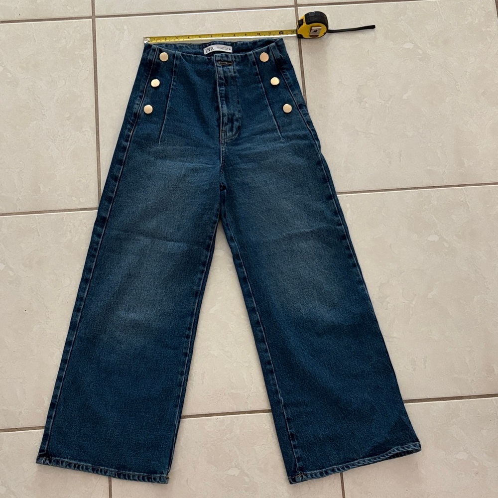 Zara Dark Blue Flare Jeans with Button Detail